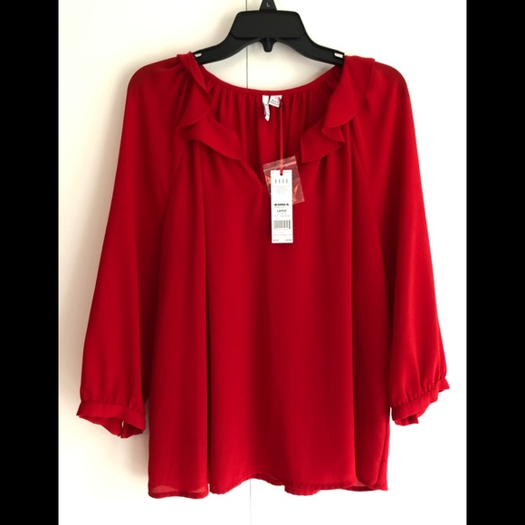 Elle Tops - Elle Ruffled neck red chiffon blouse. Large.